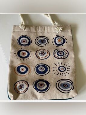 ✨ Evil Eye Canvas Tote Bag | Boho Chic | Neutral + Blue Graphic ✨